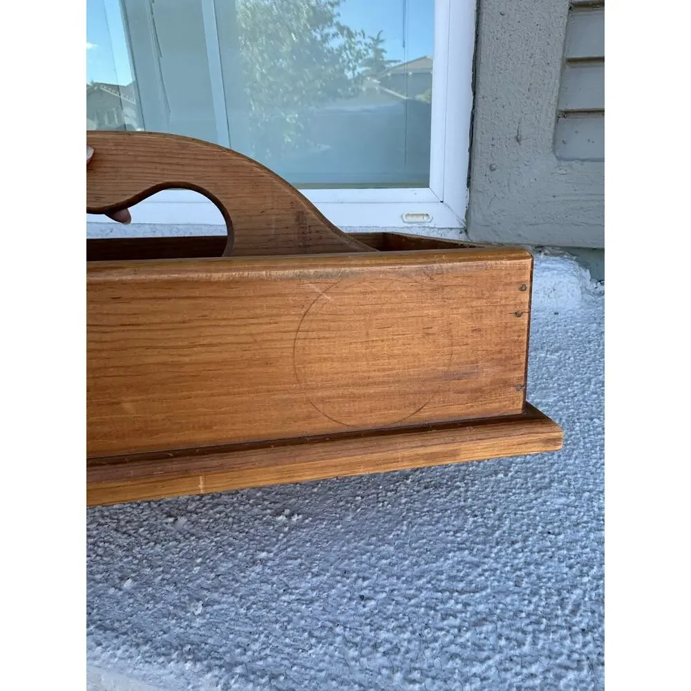 vintage country primitive wooden storage caddy with heart cutout handle 80s 90s